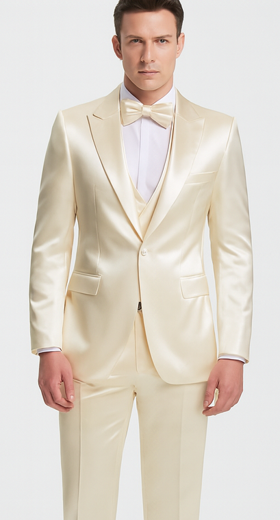 Champagne Satin Double Breasted 3 Piece Slim Fit Tazzio Men's Suit with Peak Lapel Jacket – Modern