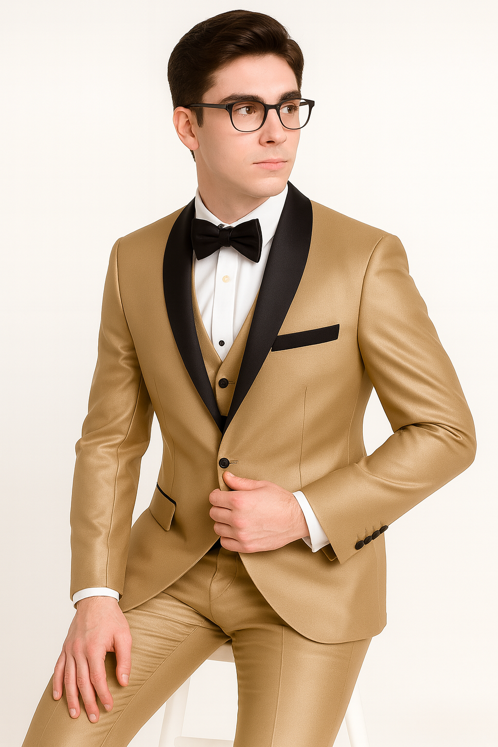 Champagne Shiny Tuxedo Vested Suit - Sateen Sharkskin Fabric Groom Suit