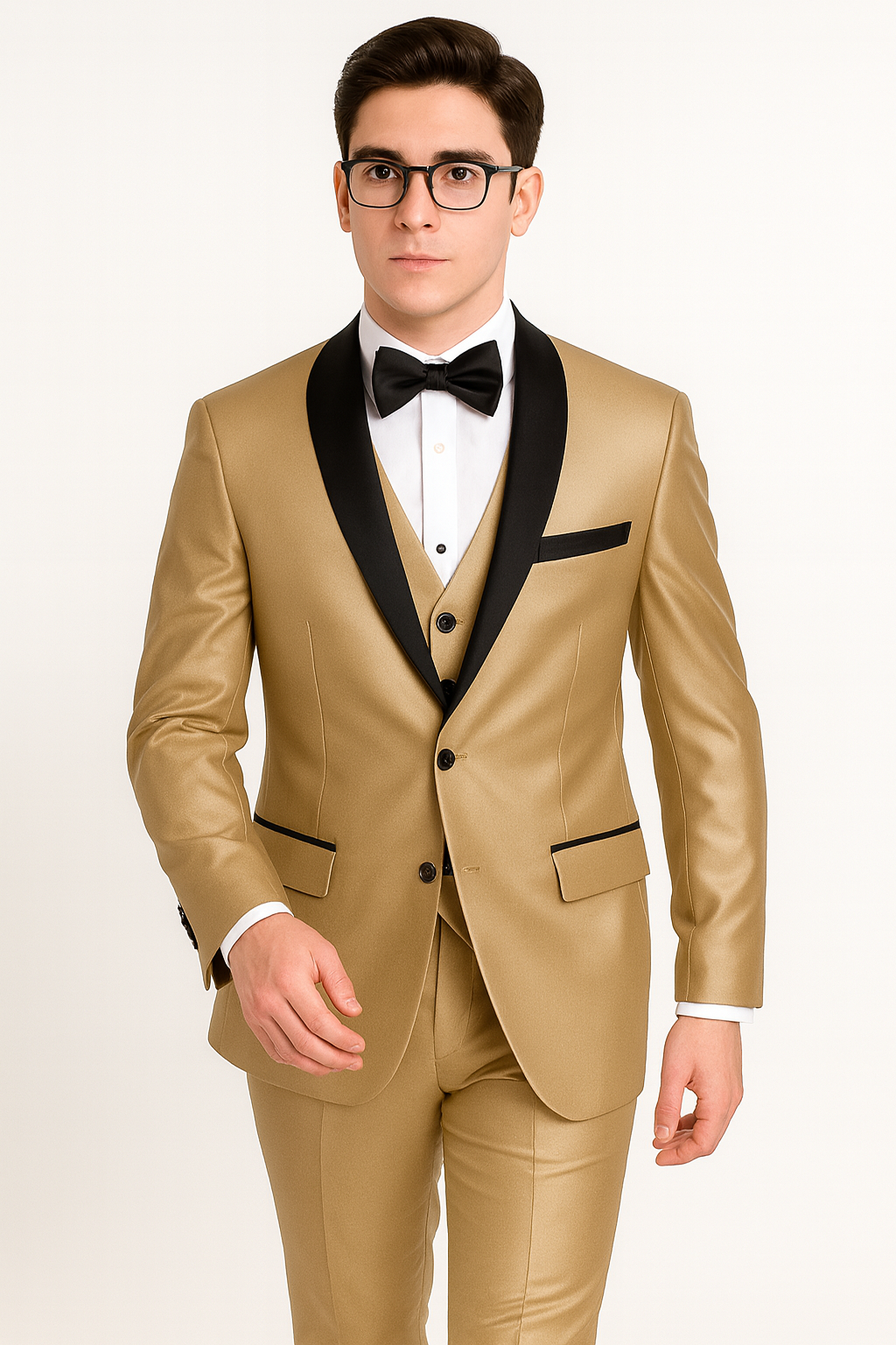 Champagne Shiny Tuxedo Vested Suit - Sateen Sharkskin Fabric Groom Suit