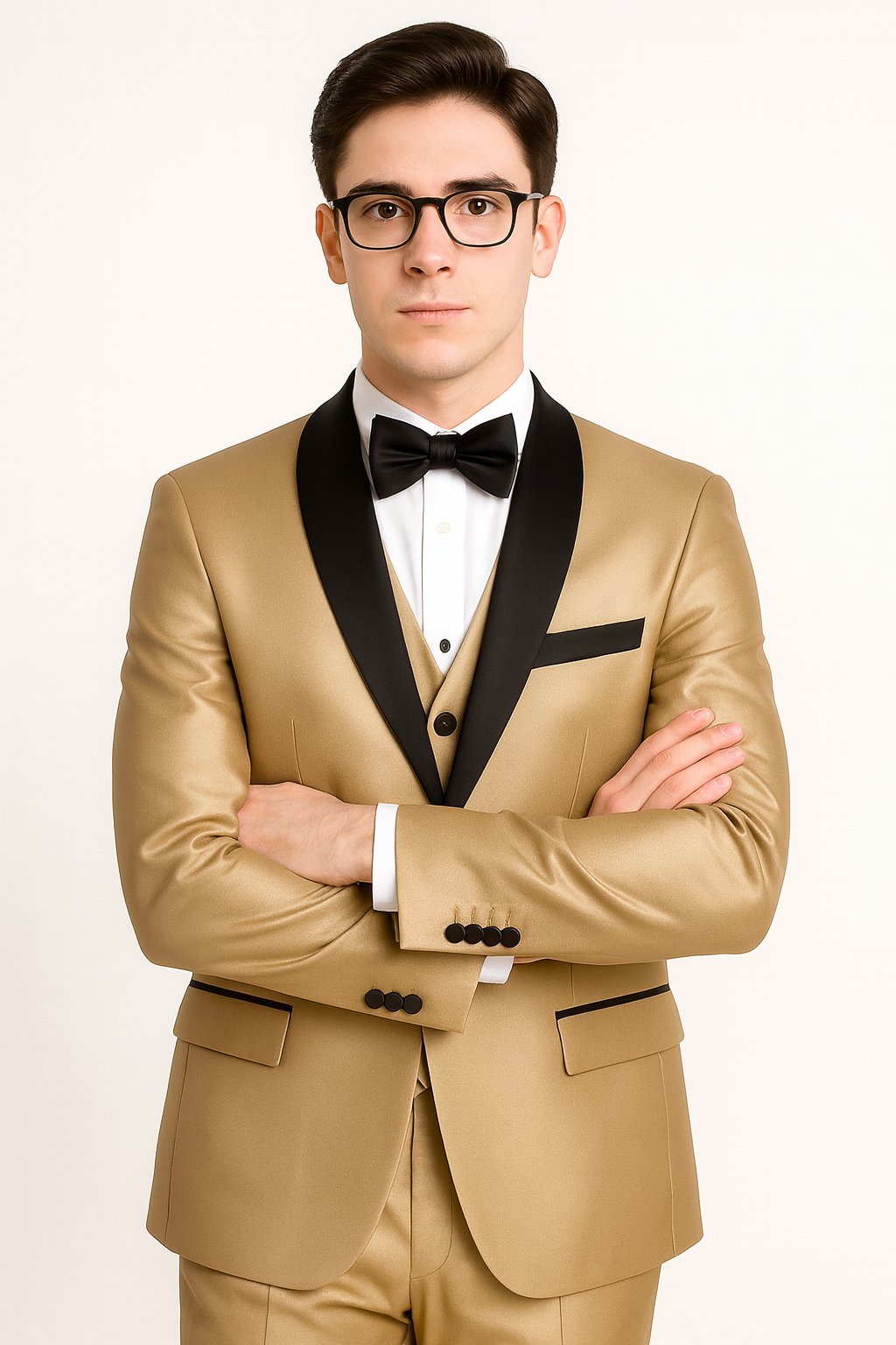 Champagne Shiny Tuxedo Vested Suit - Sateen Sharkskin Fabric Groom Suit