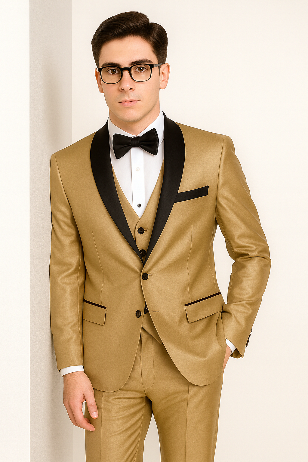 Champagne Shiny Tuxedo Vested Suit - Sateen Sharkskin Fabric Groom Suit