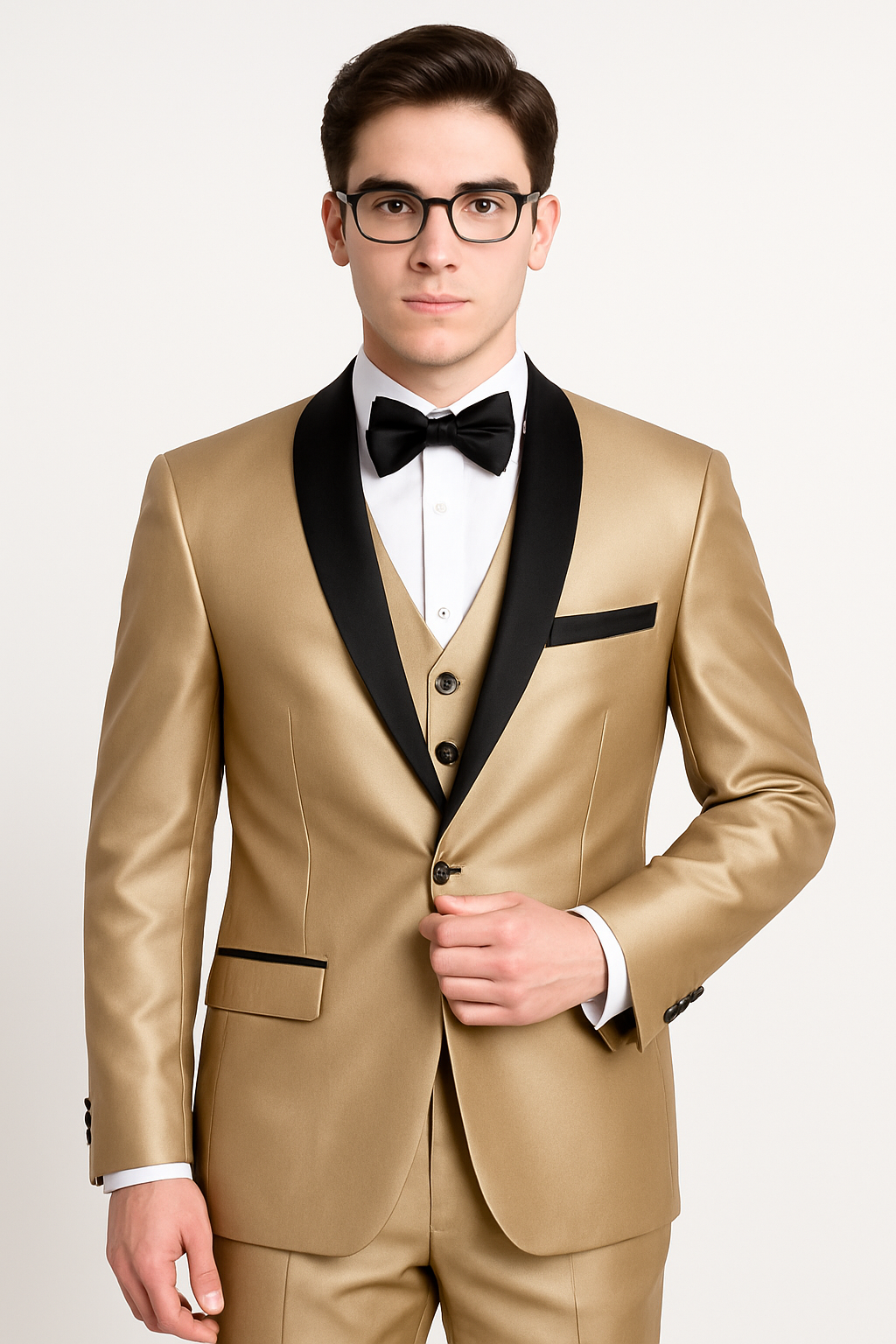 Champagne Shiny Tuxedo Vested Suit - Sateen Sharkskin Fabric Groom Suit