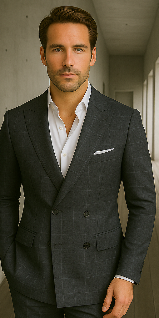 Italian Made Double Breasted Wool Plaid Suit