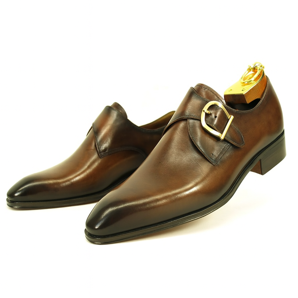 Mens Carrucci Classic Leather Fade Single D-Buckle Monk Strap Dress Shoe in Chestnut