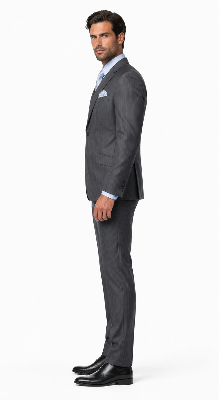 Classic 3PC 2 Button Charcoal Pinstripe three piece suit Super 150's Extra Fine Italian Fabric