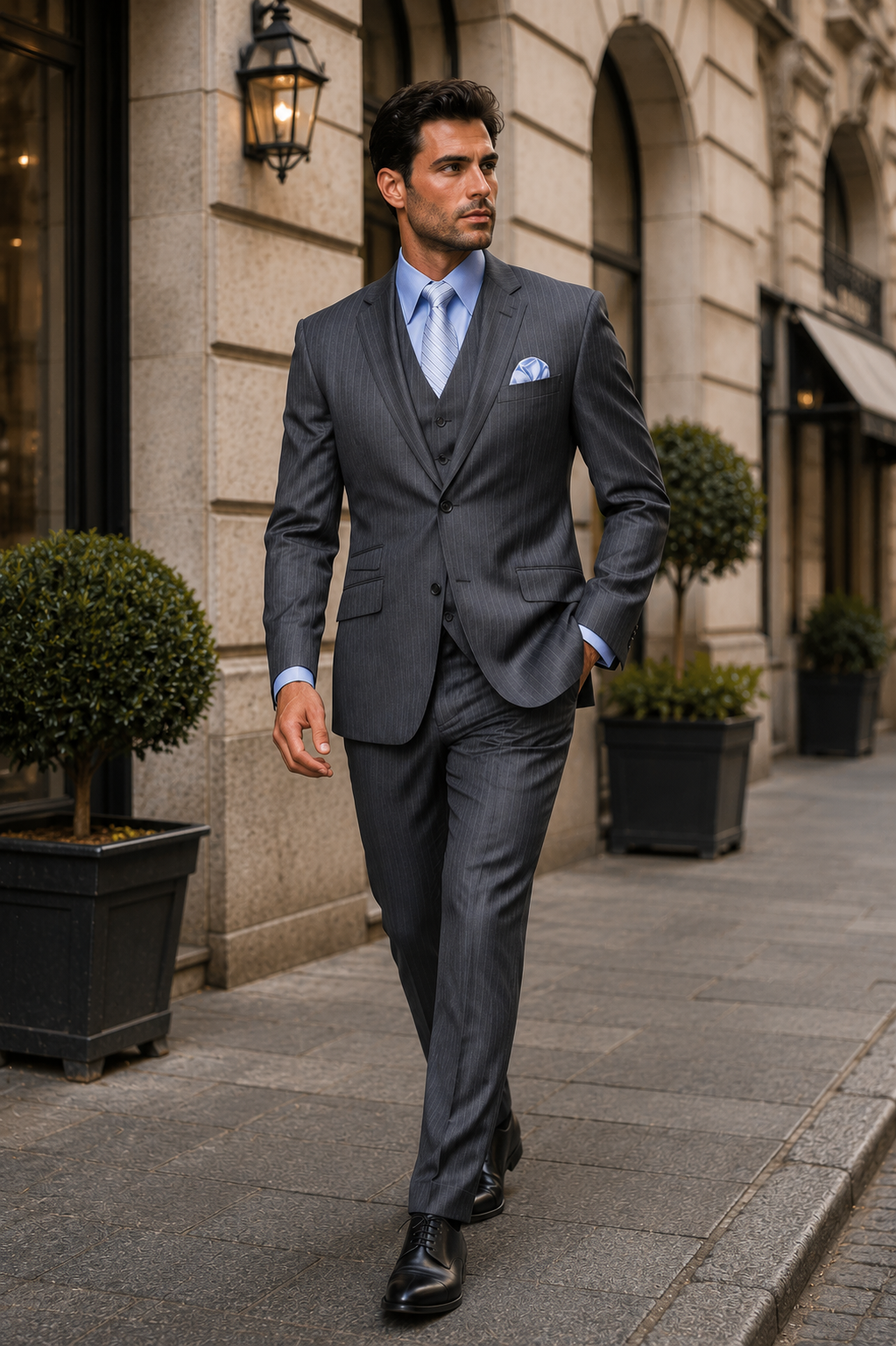 Classic 3PC 2 Button Charcoal Pinstripe three piece suit Super 150's Extra Fine Italian Fabric