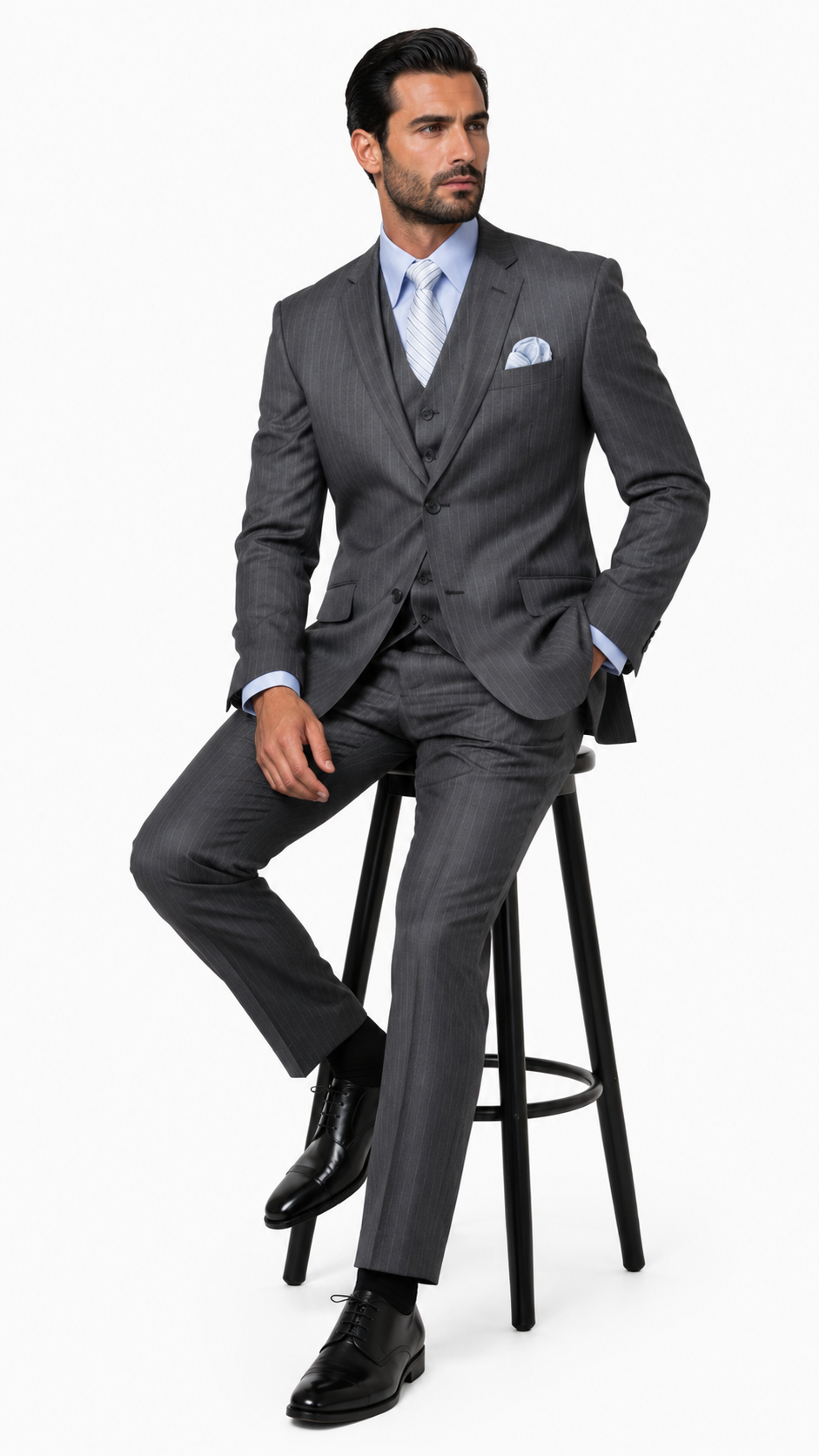 Classic 3PC 2 Button Charcoal Pinstripe three piece suit Super 150's Extra Fine Italian Fabric