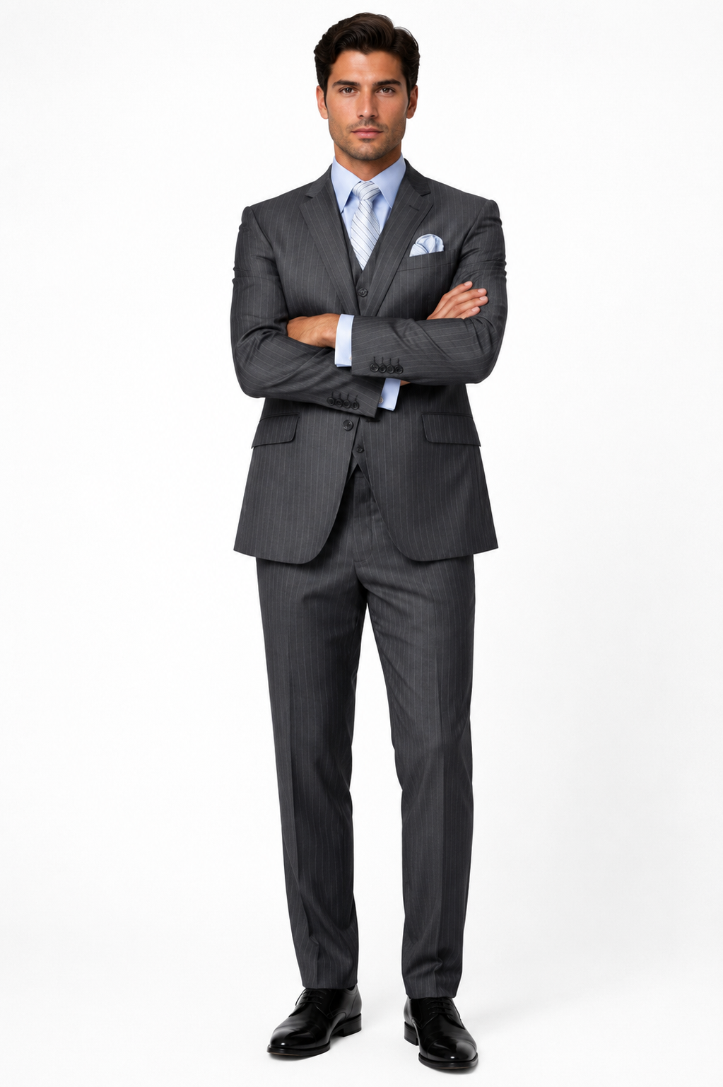 Classic 3PC 2 Button Charcoal Pinstripe three piece suit Super 150's Extra Fine Italian Fabric
