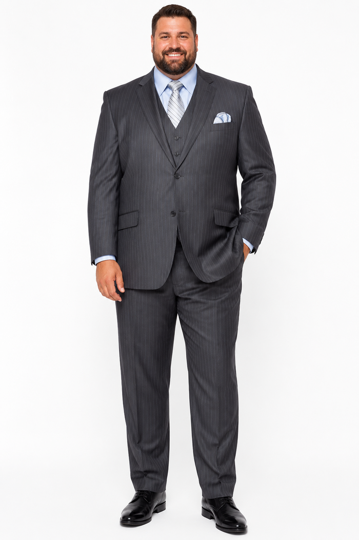 Classic 3PC 2 Button Charcoal Pinstripe three piece suit Super 150's Extra Fine Italian Fabric
