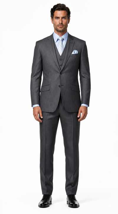 Classic 3PC 2 Button Charcoal Pinstripe three piece suit Super 150's Extra Fine Italian Fabric