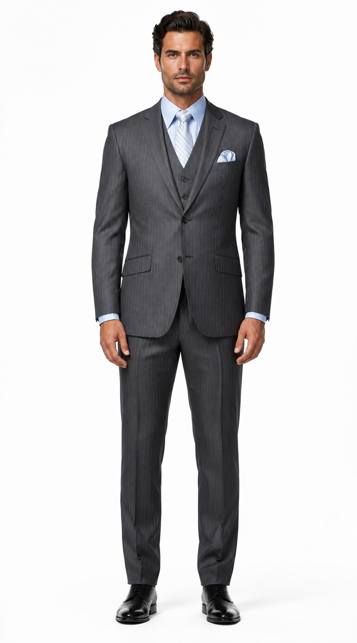Classic 3PC 2 Button Charcoal Pinstripe three piece suit Super 150's Extra Fine Italian Fabric