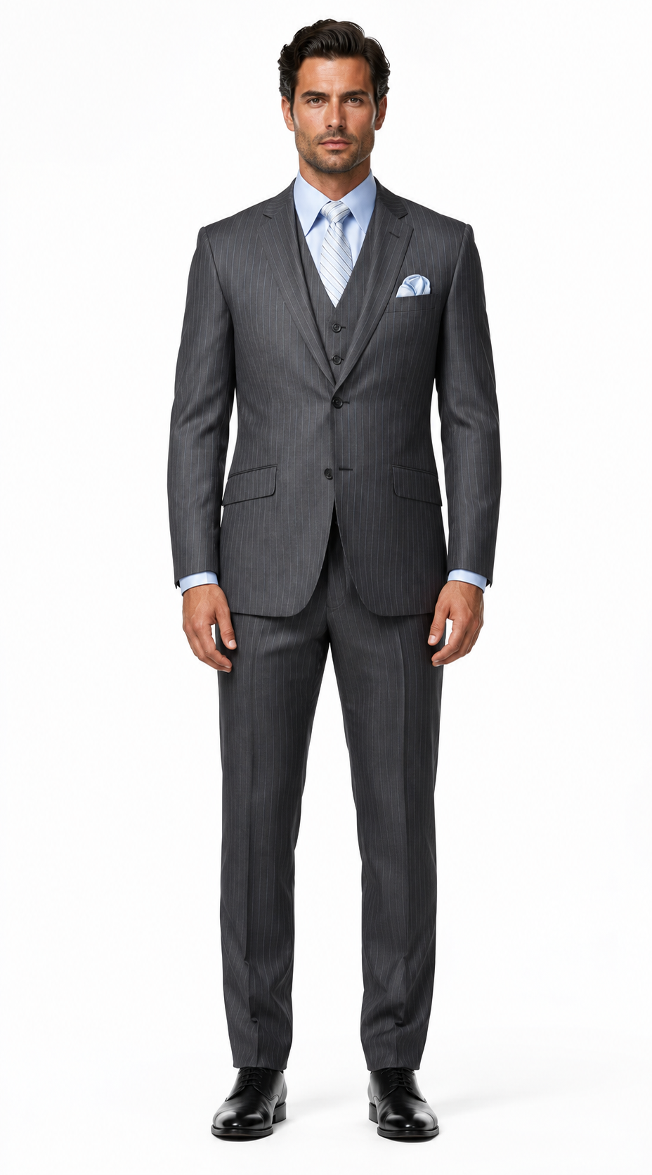 Classic 3PC 2 Button Charcoal Pinstripe three piece suit Super 150's Extra Fine Italian Fabric