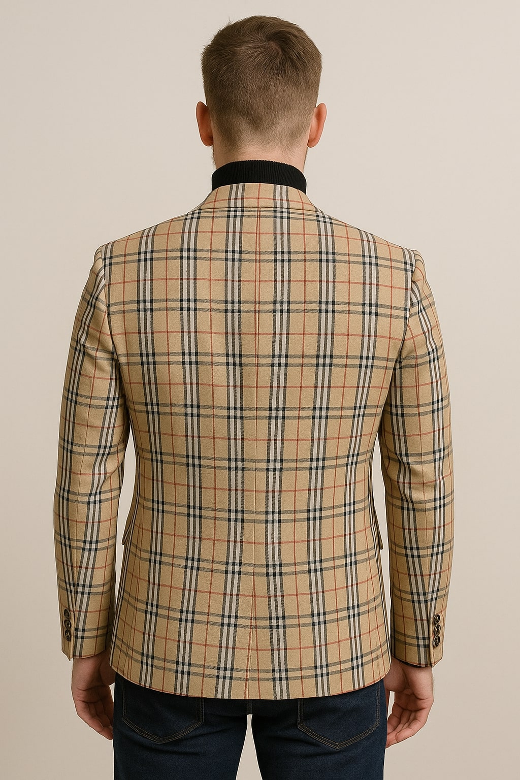 Beige Plaid Checkered Blazer - Camel Windowpane