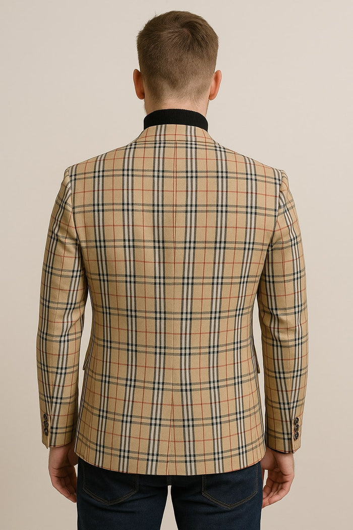 Beige Plaid Checkered Blazer - Camel Windowpane