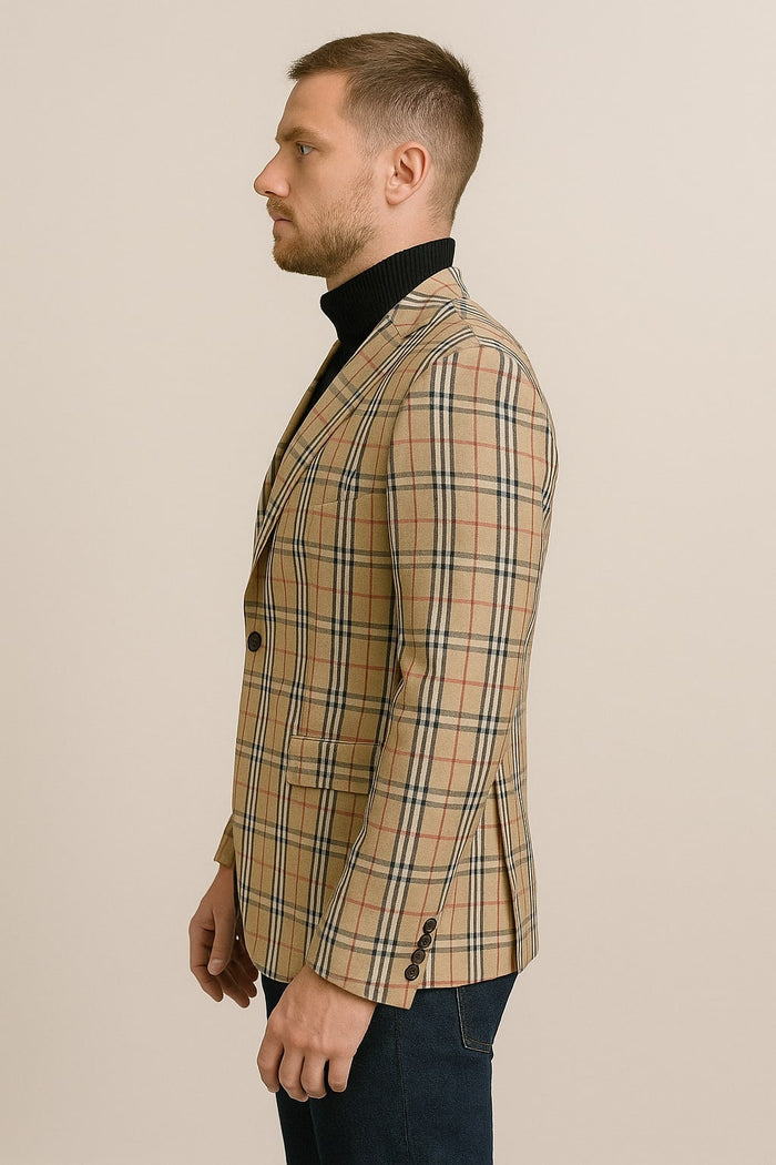 Beige Plaid Checkered Blazer - Camel Windowpane
