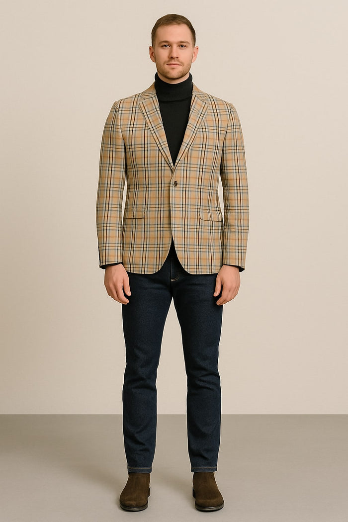 Beige Plaid Checkered Blazer - Camel Windowpane