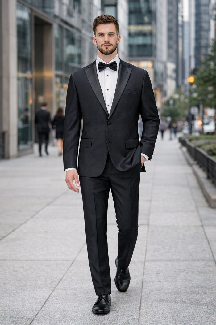 Mens Tiglio Modern Fit Black Wool Tuxedo – Classic Satin Lapel Formal Suit