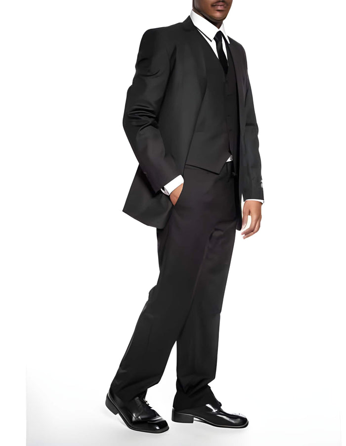Classic Black Slim Fit 3 ~ Three Piece Wedding Prom Vested Suit