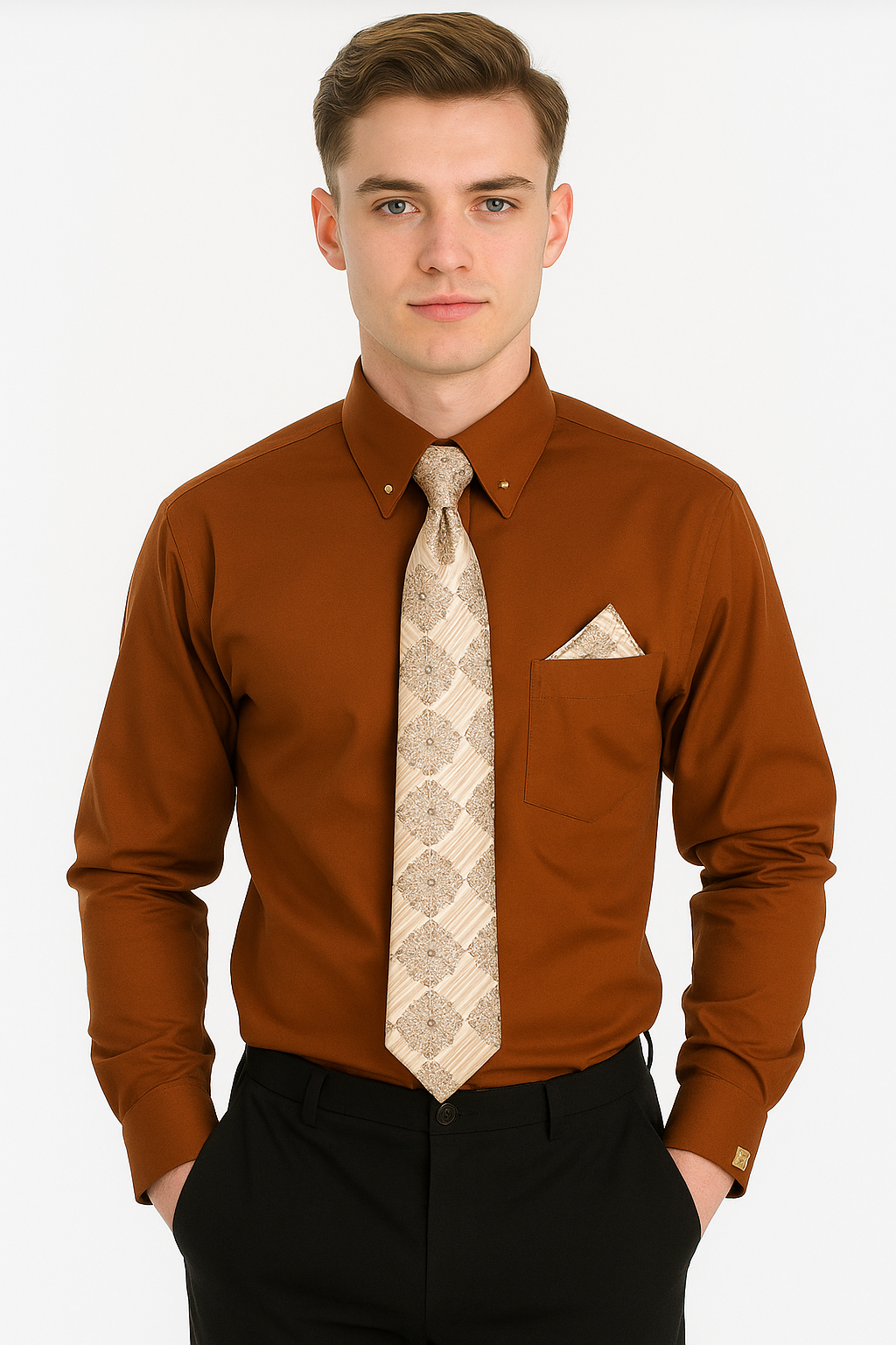 Brown Pin Collar Dress Shirt With Collar Bar
