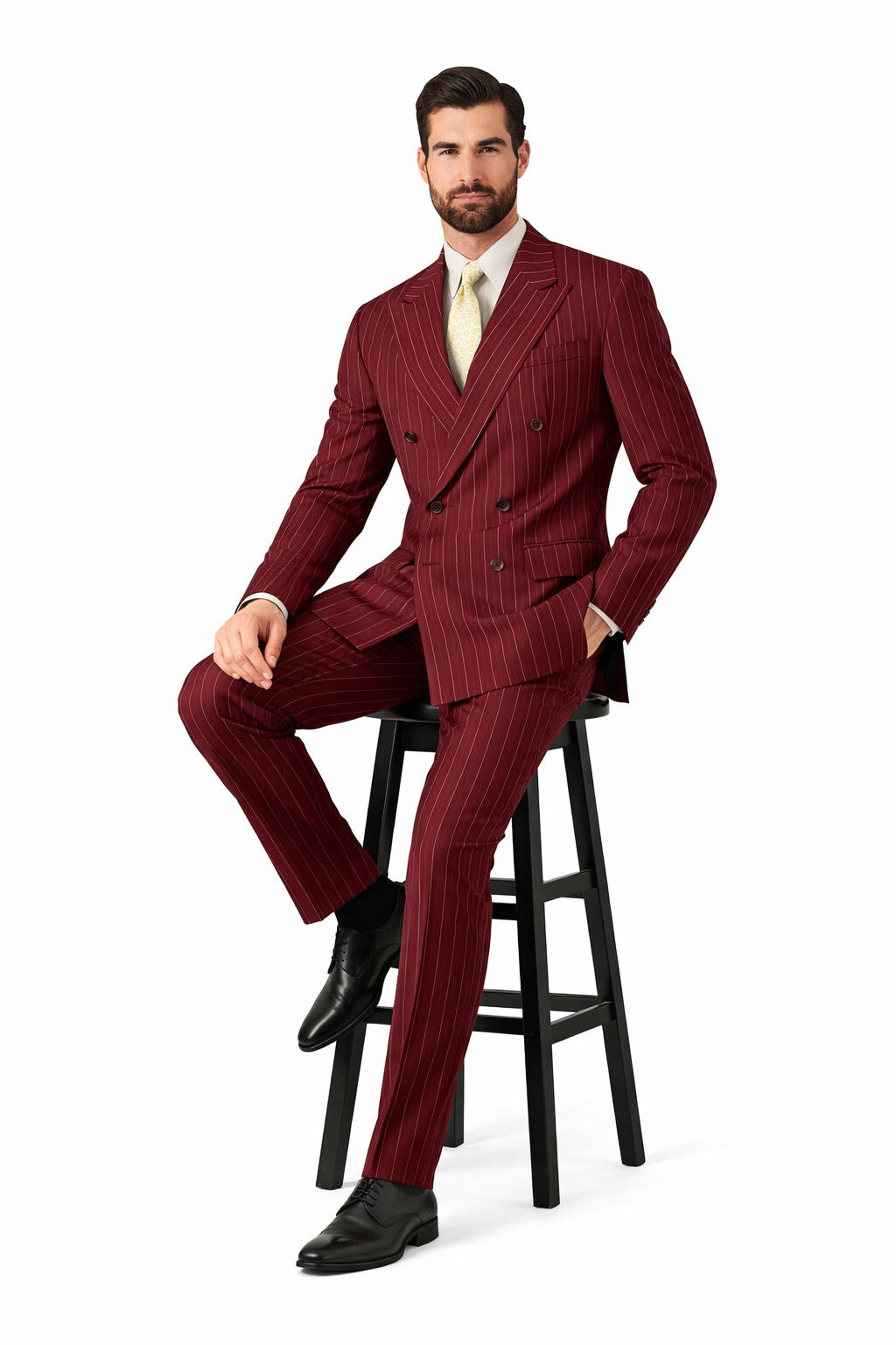 Elegant Wine Pinstripe Double Breasted Suit for Men – Fully Lined Classic Formal Style
