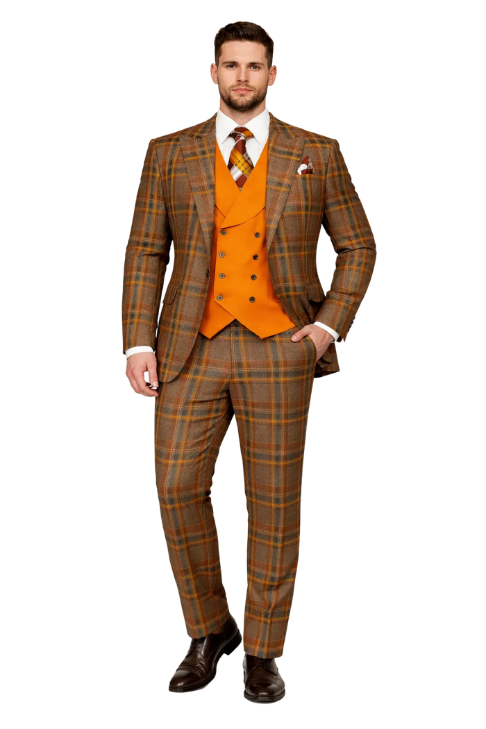 Mens Two Button Peak Lapel Suit Brown ~ Yellow