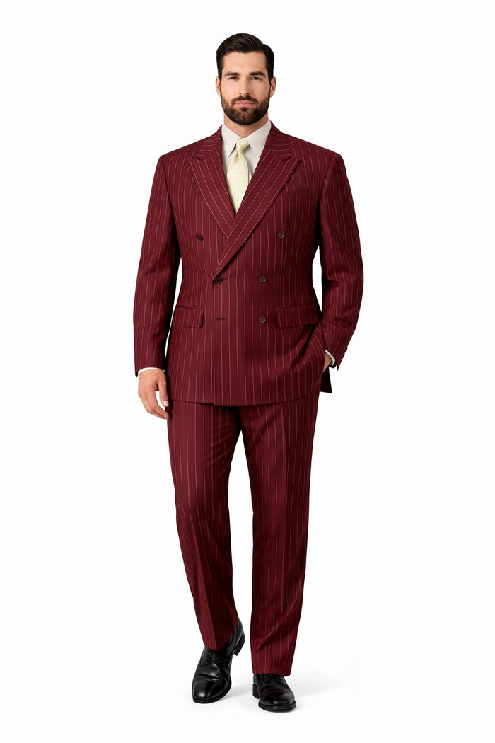 Elegant Wine Pinstripe Double Breasted Suit for Men – Fully Lined Classic Formal Style