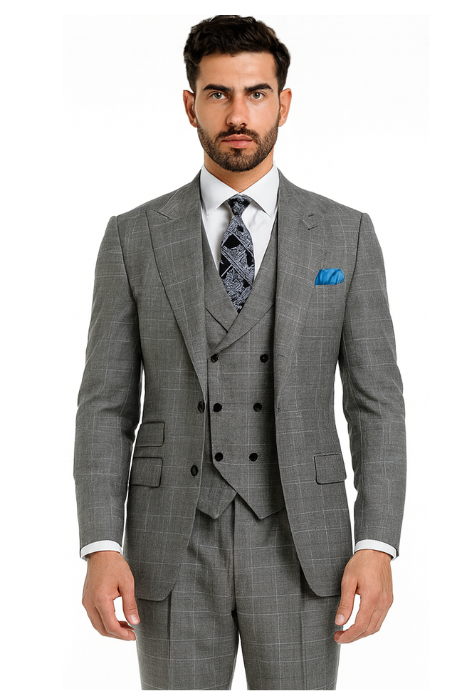 Classic Wool Fabric Fit - Pleated Pants - Peak Lapel With Double Breasted Vest - Athletic Fit Grey Windowpane Mens Suit