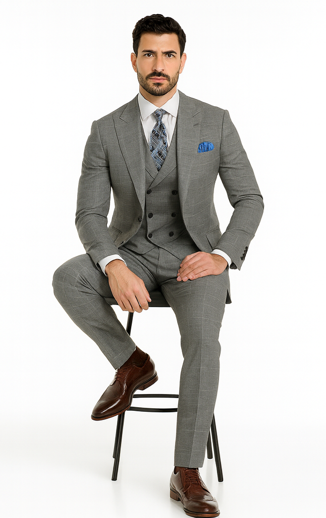 Classic Wool Fabric Fit - Pleated Pants - Peak Lapel With Double Breasted Vest - Athletic Fit Grey Windowpane Mens Suit