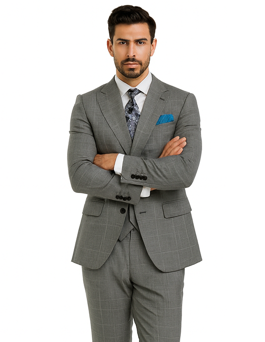 Classic Wool Fabric Fit - Pleated Pants - Peak Lapel With Double Breasted Vest - Athletic Fit Grey Windowpane Mens Suit