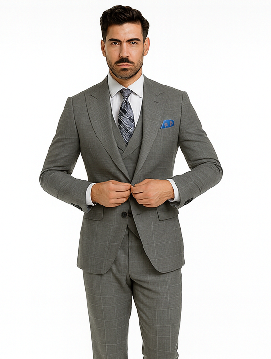 Classic Wool Fabric Fit - Pleated Pants - Peak Lapel With Double Breasted Vest - Athletic Fit Grey Windowpane Mens Suit