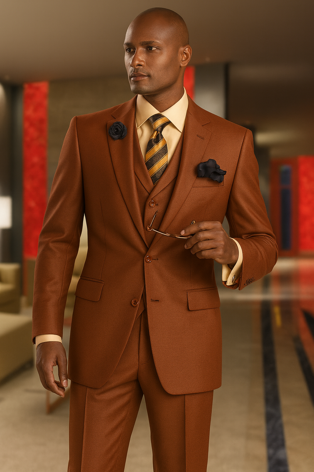 Solid Vested 3pc 2 Button Copper~Rust Suit - Three Piece Suit