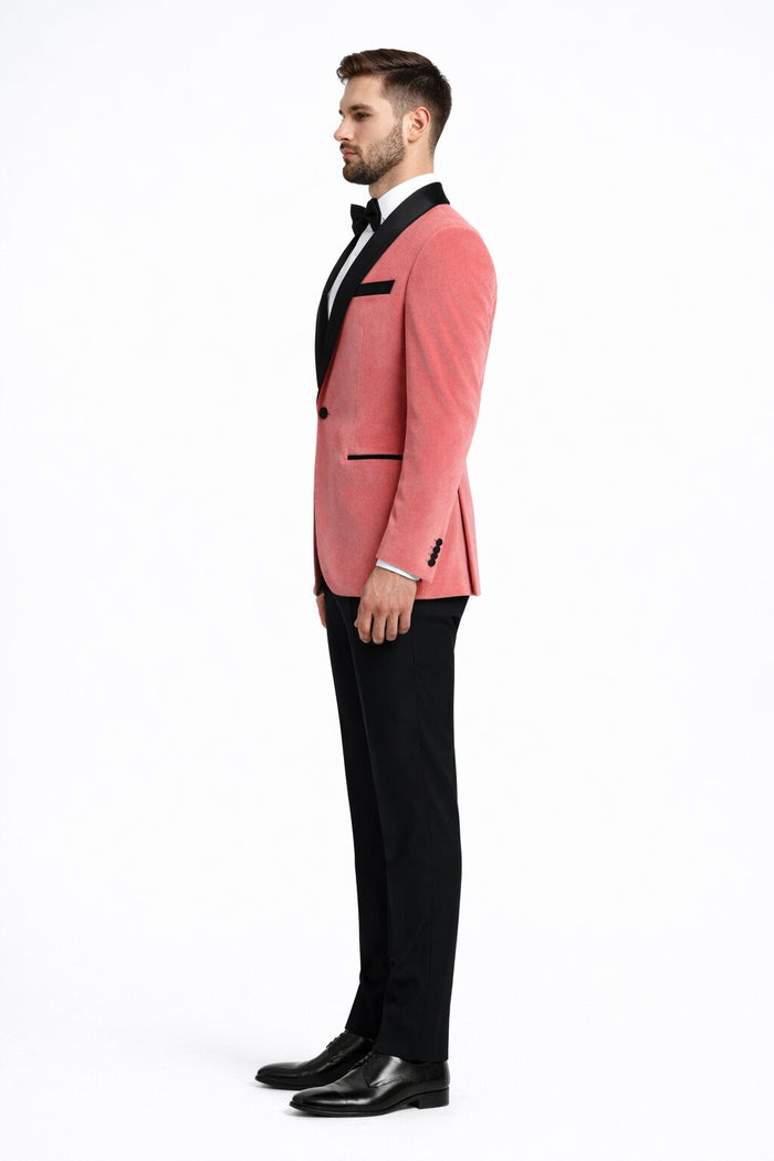 Men’s Coral Pink Tuxedo Jacket with Black Satin Shawl Lapel Velvet Fabric – Modern Slim Fit Formal Blazer