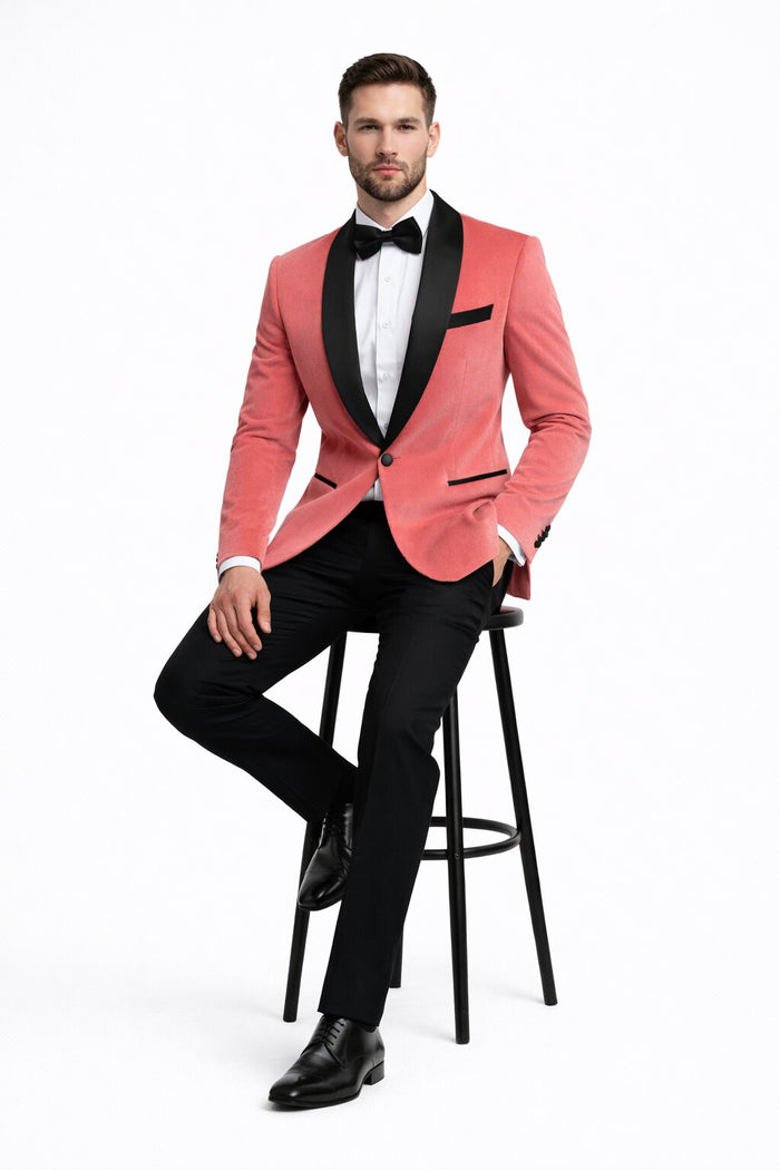 Men’s Coral Pink Tuxedo Jacket with Black Satin Shawl Lapel Velvet Fabric – Modern Slim Fit Formal Blazer