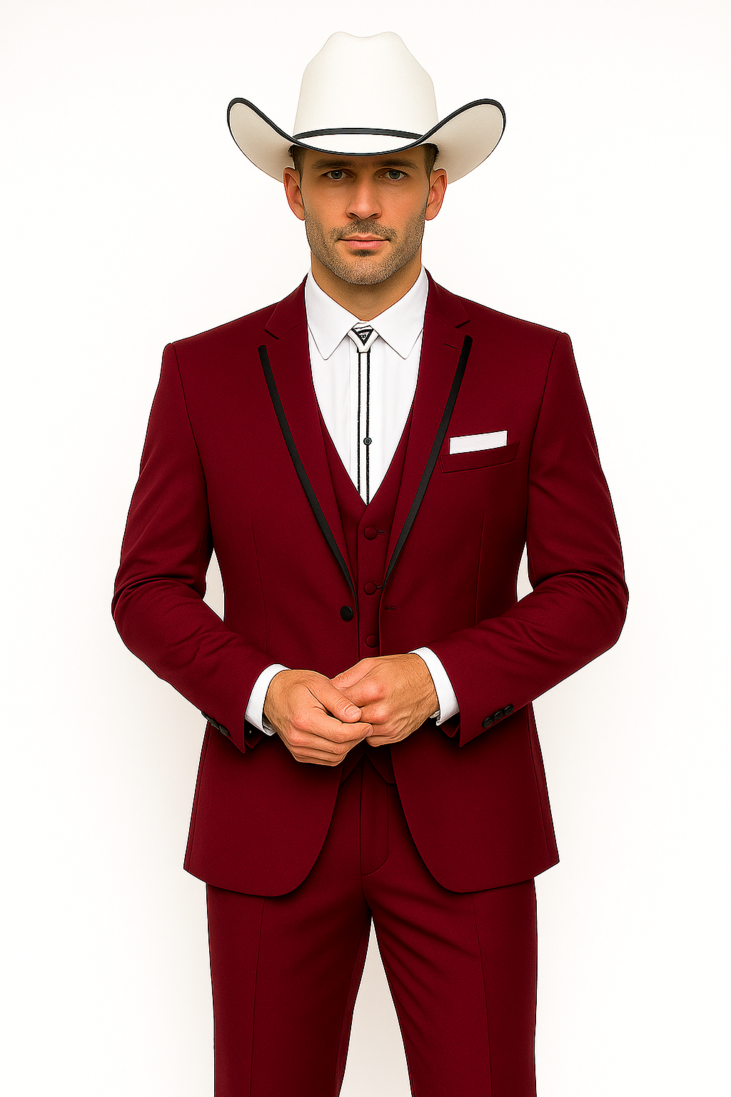 SKU#JA60892 Country Tuxedos For Weddings Mens Western Traje Vaquero Suit - Burgundy Tuxedo