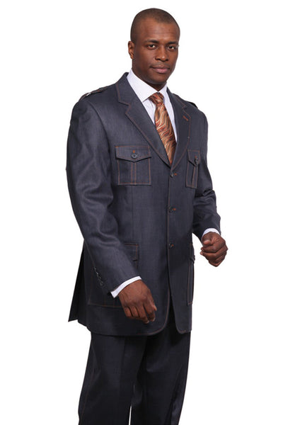 Mens 3 Button Patch Pocket Denim Suit in Navy
