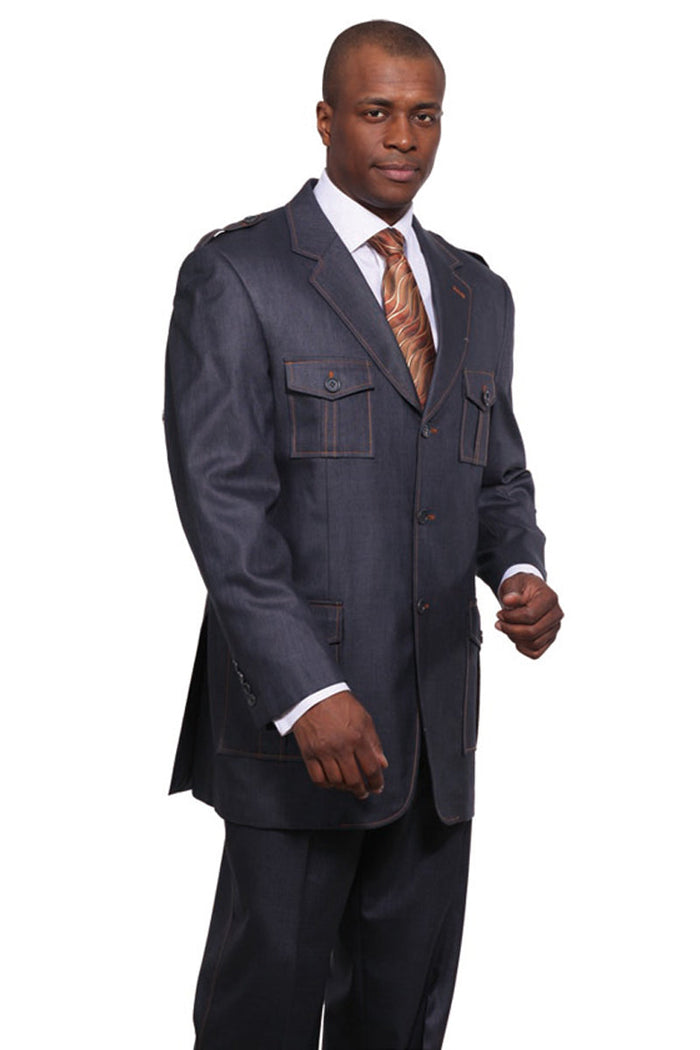 Mens 3 Button Patch Pocket Denim Suit in Navy