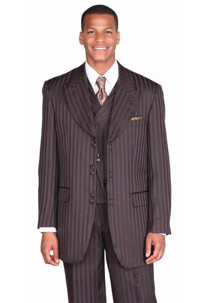 Mens Wide Peak Lapel Stripe Fashion Suit Brown