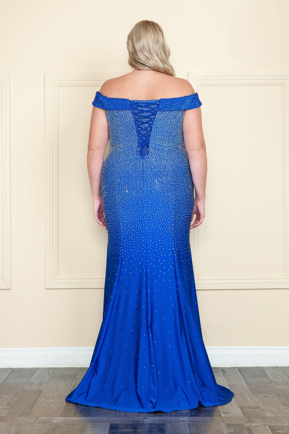 Poly USA W1120 Curve Fitted Off Shoulder Rhinestone Gown