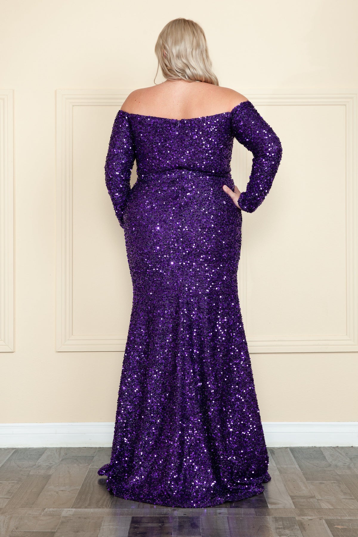 Poly USA W8876 Curve Fitted Off Shoulder Sequin Gown