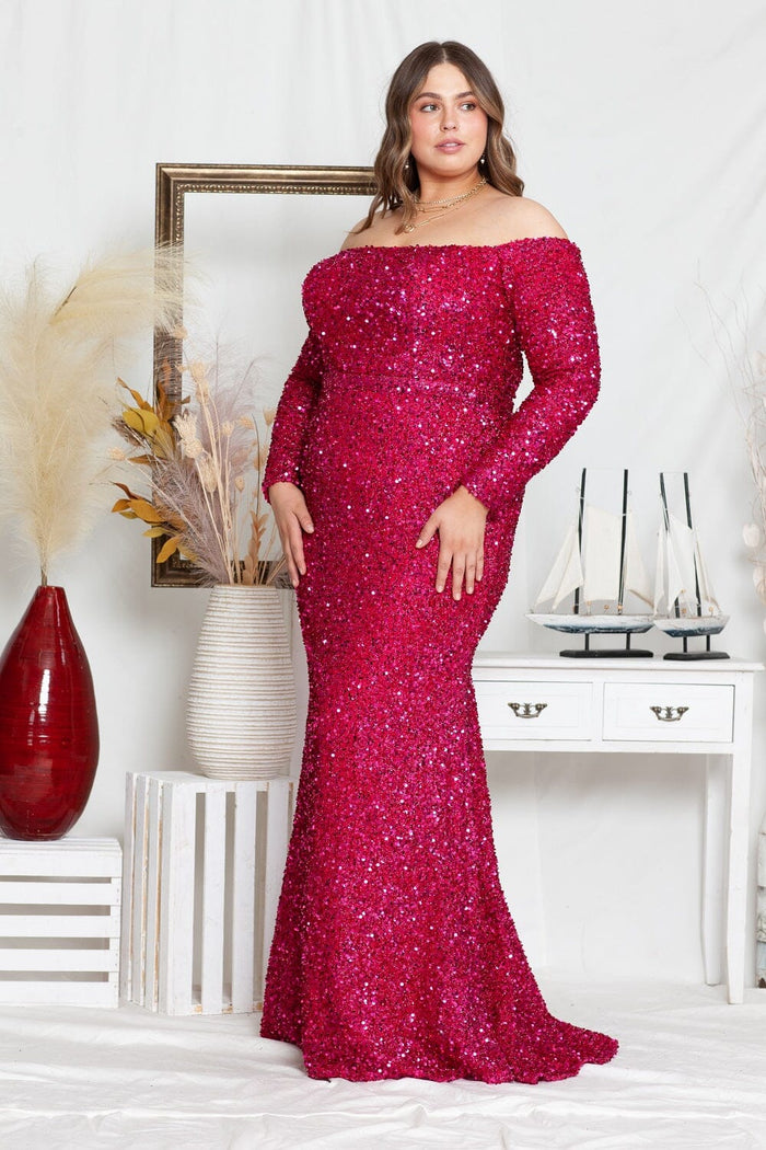 Poly USA W8876 Curve Fitted Off Shoulder Sequin Gown