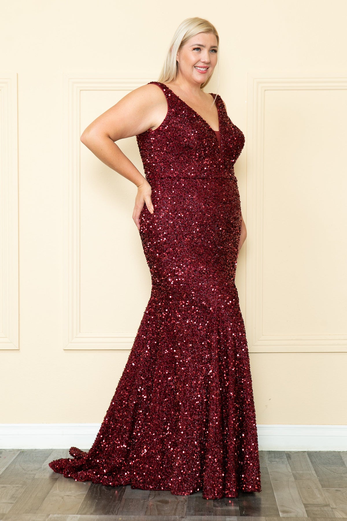 Poly USA W1122 Plus Size Fitted Sleeveless Sequin Slit Gown