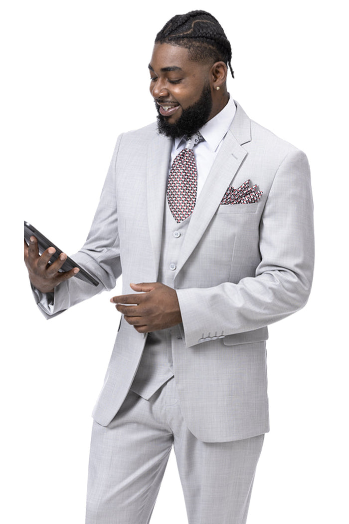 Modern Fit Light Grey Sharkskin Suit with Vest