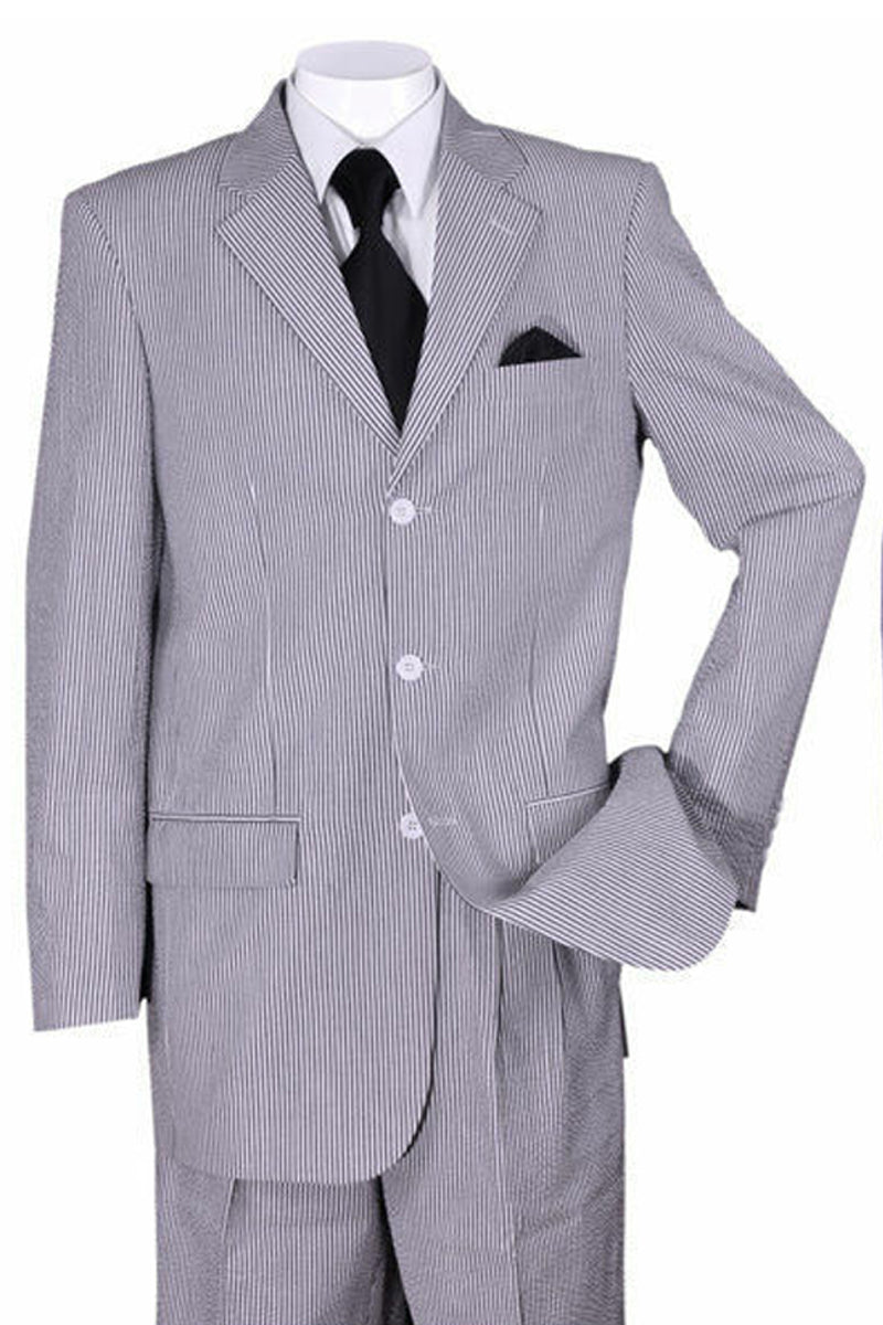Mens 3 Button 2PC Summer Seersucker Suit inBlack