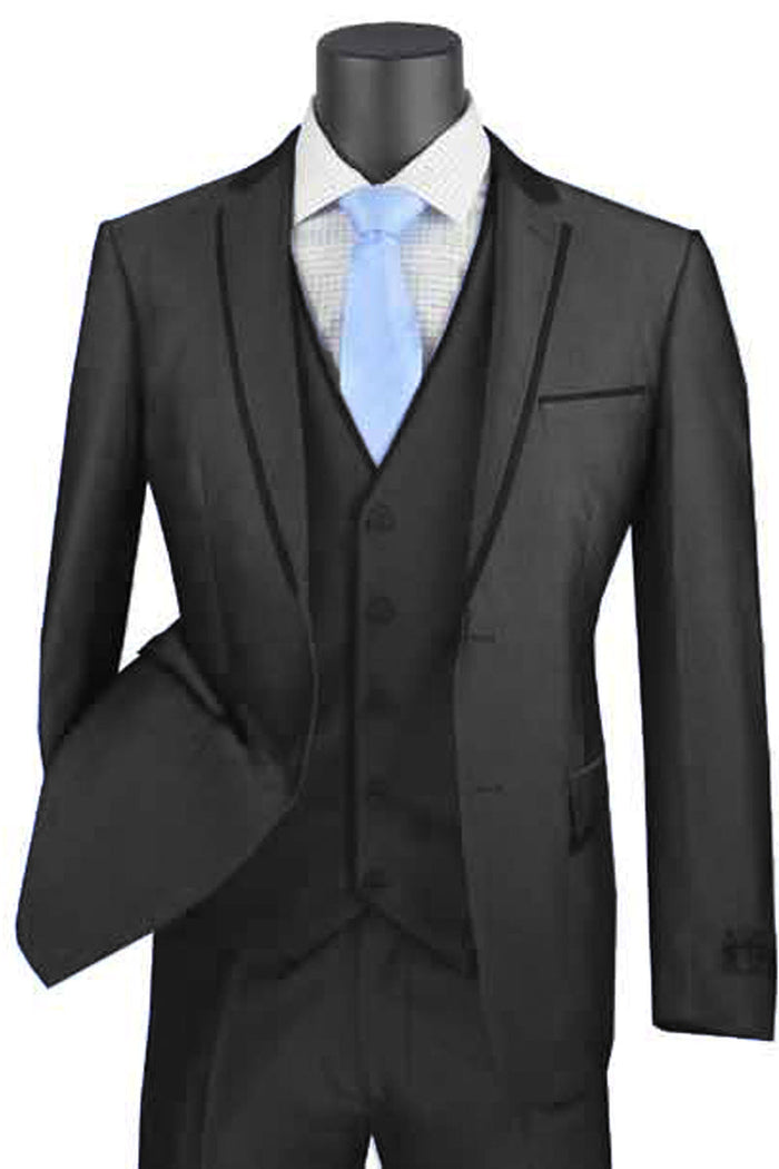 Ultra Slim Vested Suit with Trim - Black