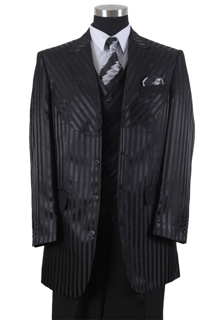 Mens 4 Button Diagonal Tonal Stripe Fashion Suit in Black