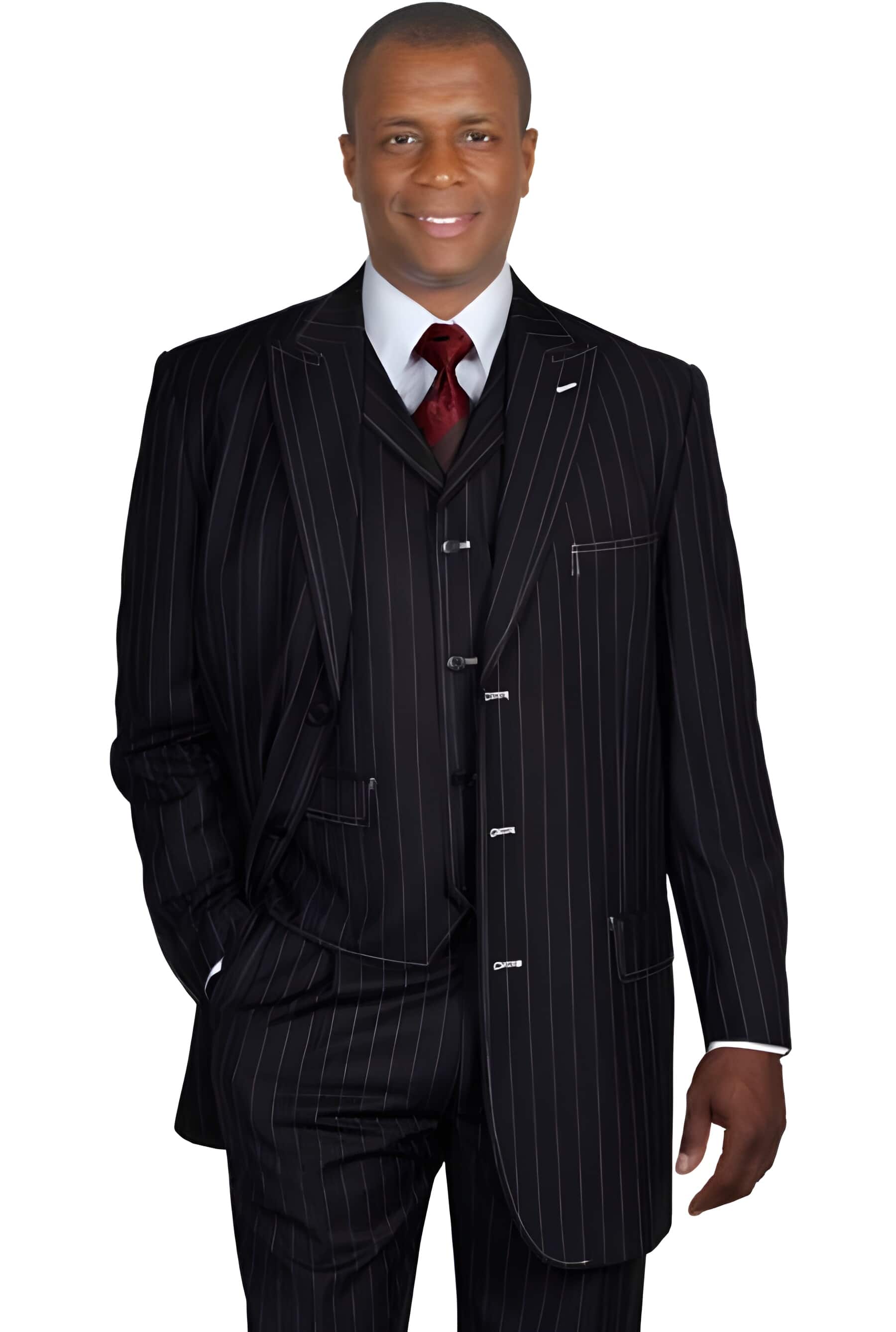 Dark color black Gangster 3 ~ Three Piece Vested black men fashion Stripe ~ Pinstripe Suit