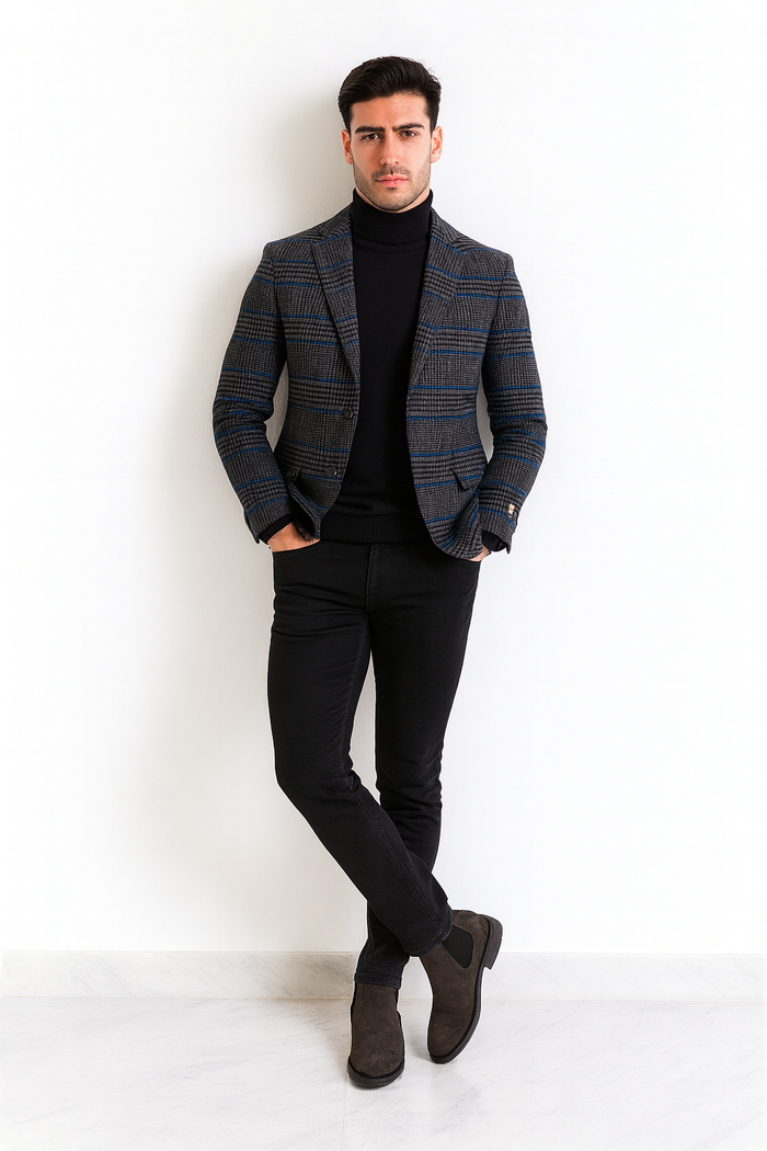Dark Grey Houndstooth Blazer - Heavy Fabric Winter Fabric Glen Plaid Sport Coat