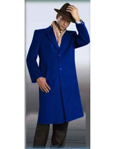 Dark Royal Blue Full Length 3 Button  Long men's Dress Topcoat -  Winter coat