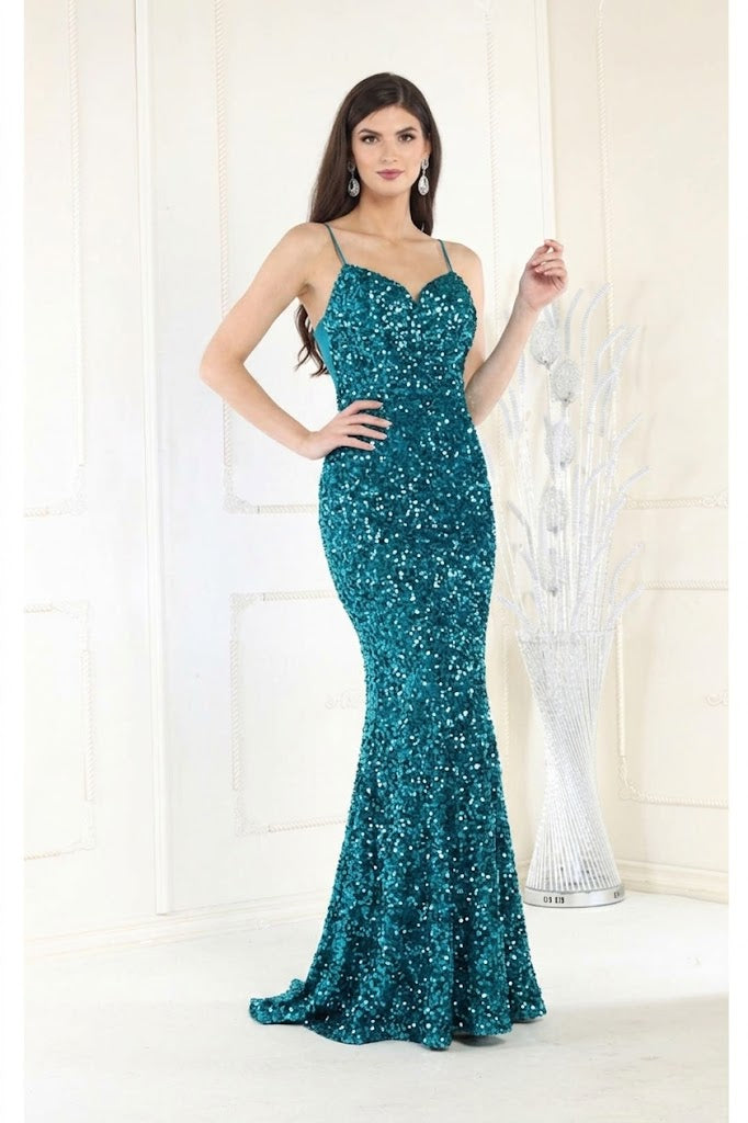 Royal Queen RQ7987 Corset Back Sheath Long Sequin Red Carpet Prom Gown