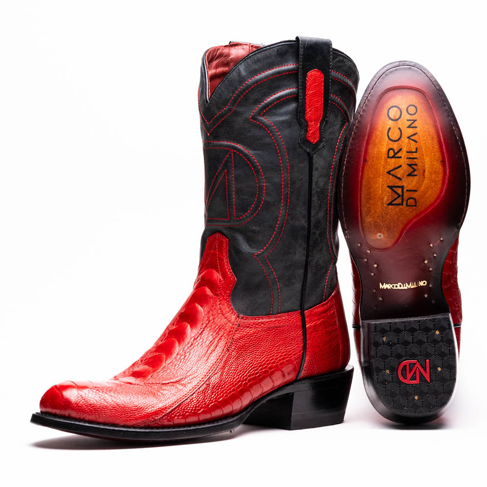 Marco Di Milano Denver Red Ostrich Leg Round Toe Cowboy Boots